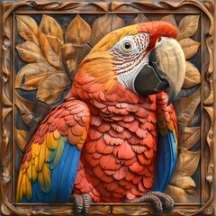 Fototapeta premium Wood carving 3D image of Scarlet Macaw in frame with depth map