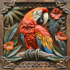 Fototapeta premium Wood carving 3D image of Scarlet Macaw in frame with depth map