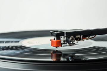 This image illustrates a close-up of a turntable stylus meticulously navigating the grooves of a spinning vinyl record, highlighting the intricate details and the culture of vinyl music listening.