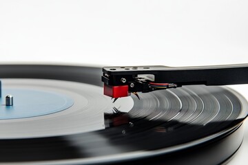 This image showcases a detailed view of a turntable needle as it engages a vinyl record's groove, capturing the essence of analog music and the classic culture of vinyl listening.