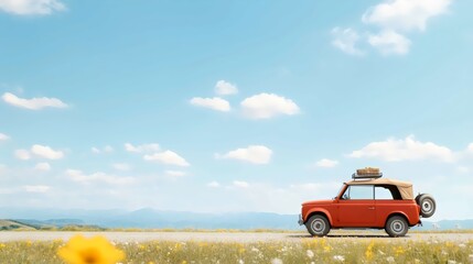 Spring Break Adventure Scenic Road Trip with Convertible Car Amidst Blooming Flowers and Lush Landscapes in Warm Breeze - Perfect for Travel and Nature Enthusiasts