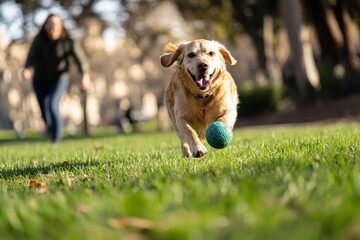 A Golden Retriever enthusiastically chases a blue ball across a green, open grassy area. This scene captures the essence of playful and energetic dog behavior in an outdoor setting.