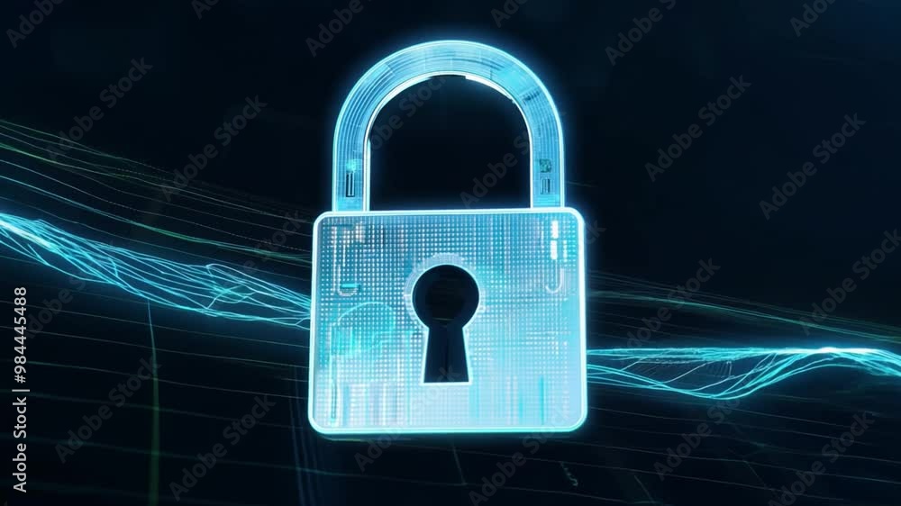 Fototapete A digital padlock is shown against a backdrop of glowing blue lines, symbolizing advanced cyber security and data protection in a virtual setting.