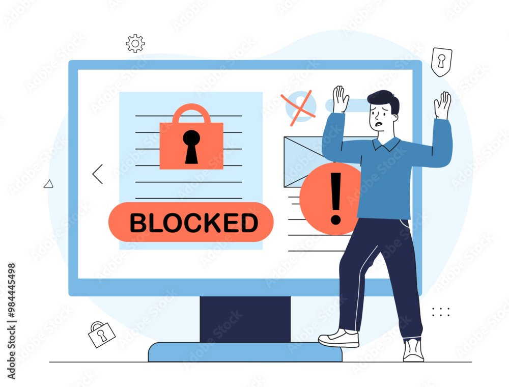 Aufkleber man with blocked account. young guy near computer with red warning signs. security of personal data.