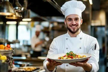 A young chef in a white uniform and hat proudly holds out a vibrantly colored plate of food in a modern kitchen, emphasizing a passion for culinary arts.