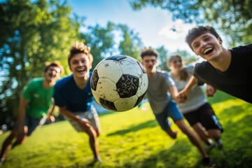 A group of friends are captured mid-moment while playing soccer, with the focus on the ball and their expressions of enjoyment and excitement in a bright outdoor setting.