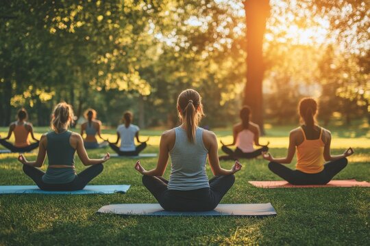 A group of individuals engage in a meditation session on yoga mats in a sunny outdoor park, creating a tranquil and harmonious atmosphere surrounded by nature.