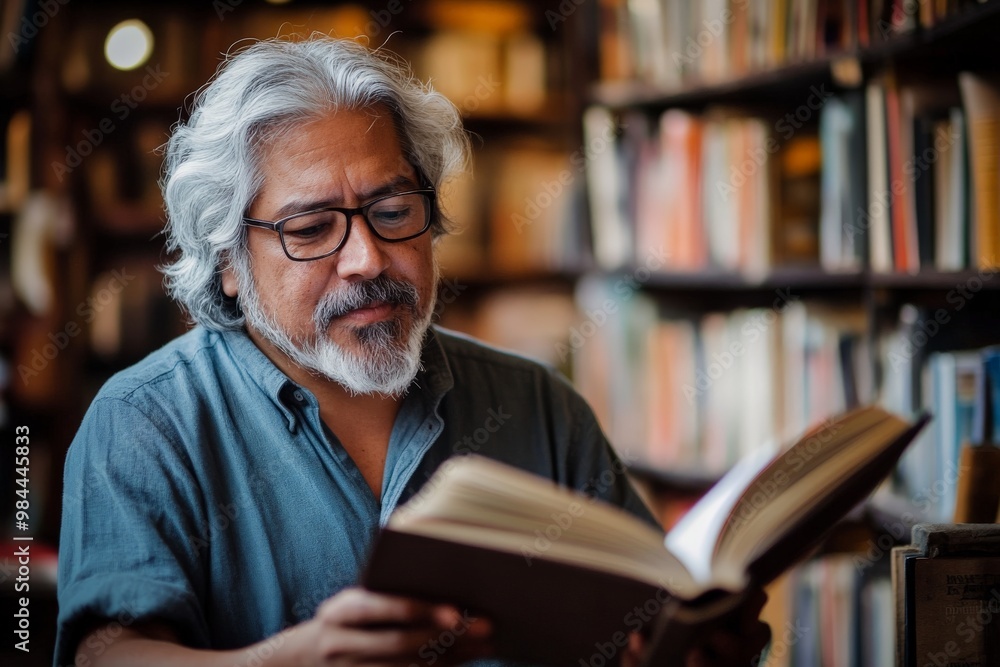 Poster A thoughtful man with glasses intently reading a book while sitting in a cozy library surrounded by shelves filled with various books, evoking a sense of knowledge and passion.