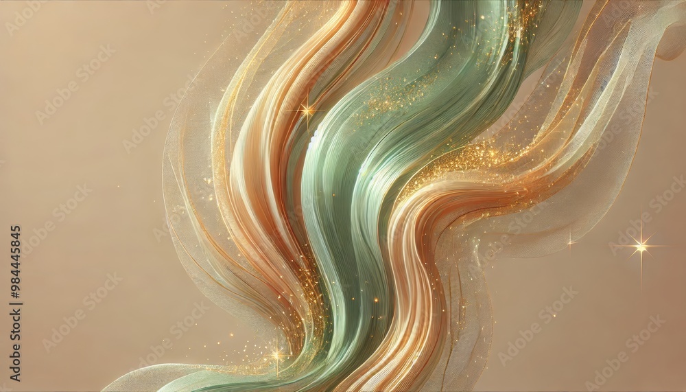 Poster 3d animation of flowing pastel-colored fabric with shimmering golden particles, creating an elegant 