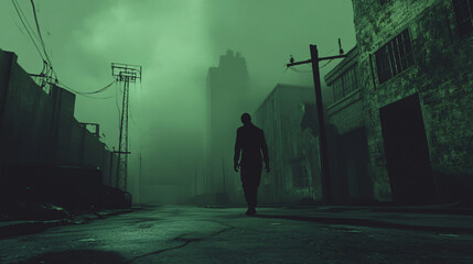 A single zombie wandering in a deserted city street at dusk, its shadow stretching behind it.