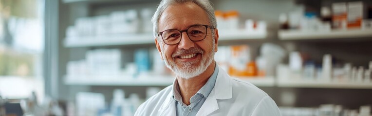 Smiling elderly pharmacist holding a tablet in a modern pharmacy