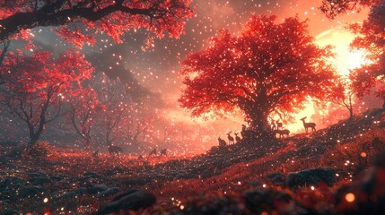 A mystical forest scene where woodland animals like deer, foxes, and rabbits gather around a beautifully decorated tree in the clearing, twinkling fairy lights strung from the trees