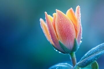 Fototapeta premium A striking image of an orange flower bud adorned with dew drops, captured in the morning light, conveying the freshness and natural beauty of blossoming flora at dawn.