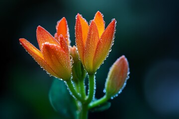 Obraz premium Macro photograph of vividly colored orange flowers covered in morning dew drops, showcasing intricate details and delicate nature in a soft, blurred background.