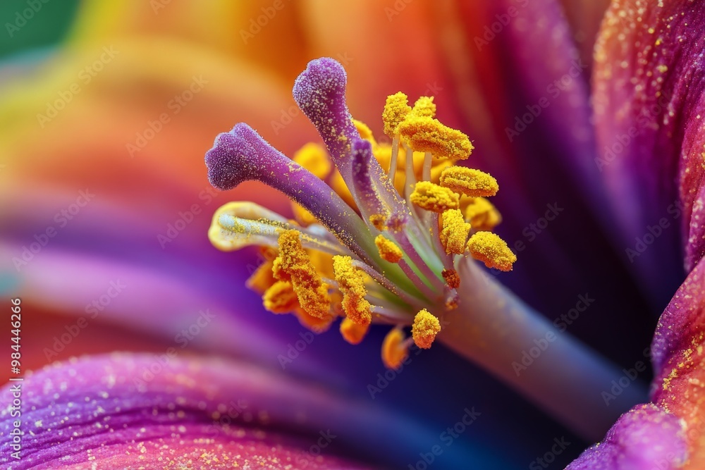 Poster this close-up photograph showcases the vibrant hues and intricate details of a flower's stamen, capt