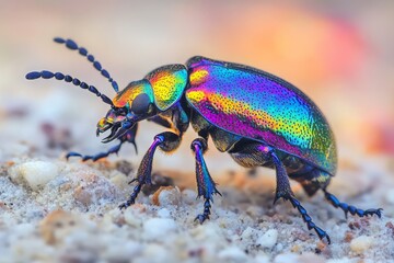 Fototapeta premium A close-up photograph of a small iridescent beetle with vibrant rainbow colors, crawling on a light, textured ground surface, displaying its brilliant hues and details.