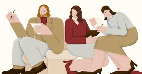 Two directors are signing a contract with each other while their secretary observes. The scene takes place in a modern office, emphasizing business negotiations, professionalism, and formal agreement.