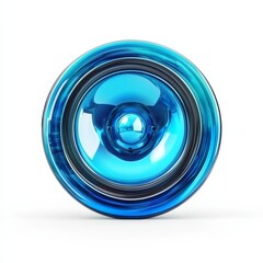 A clean, glossy 3D design of a blue speaker icon, showcasing multimedia technology, isolated on a white background
