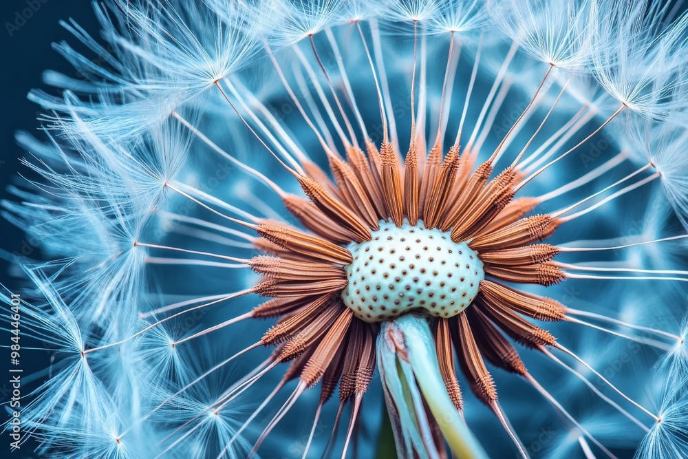 Poster this image presents a radiant close-up view of dandelion seeds, highlighting their intricate pattern