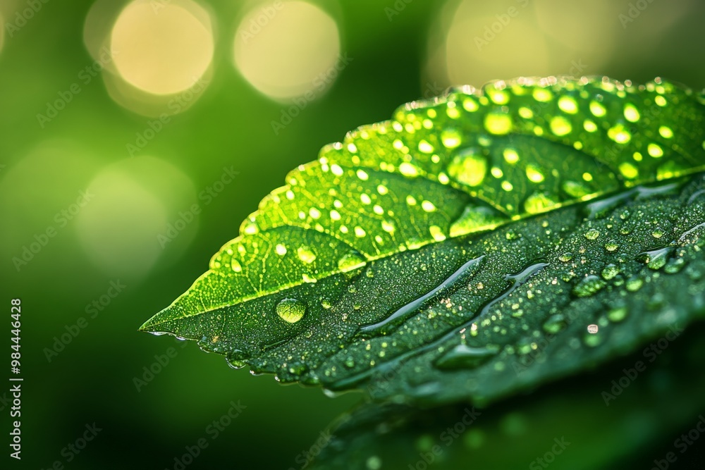 Poster A vibrant green leaf covered in shimmering dew drops, capturing the surrounding light and creating a beautiful contrast against the lush green background early in the morning.