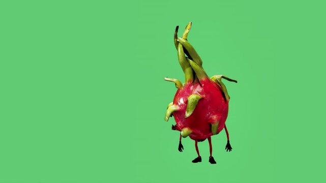 A 3D animated dragon fruit character dancing energetically. The scene showcases fun, creativity, and vibrant movement, blending the playful nature of the fruit with lively digital animation.