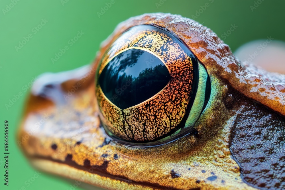 Poster a very close-up image of a frog's eye, showcasing its stunning reflective properties, detailed textu