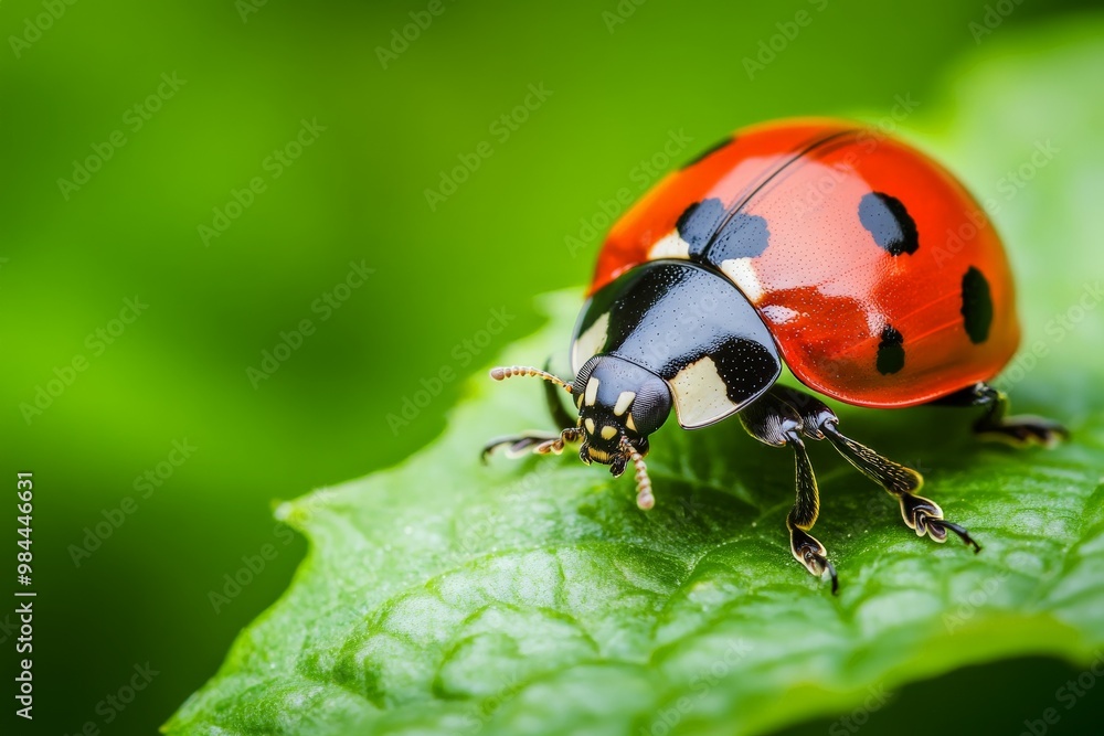 Poster this macro image captures a vibrant red and black ladybug perched on a vivid green leaf, showcasing 