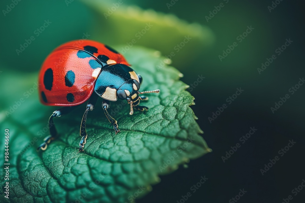 Poster the image features a detailed close-up of a bright red ladybug with black spots sitting on a vibrant