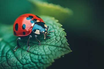 Fototapeta premium The image features a detailed close-up of a bright red ladybug with black spots sitting on a vibrant green leaf, highlighting the intricate details of the insect and foliage.