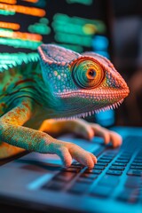 Chameleon at Coding Bootcamp with Colorful Laptop