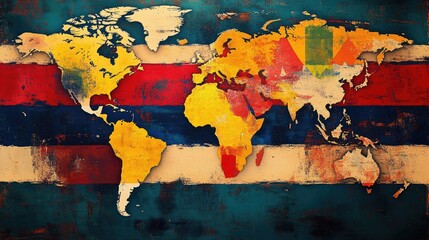 Vintage World Map with Abstract Colorful Design