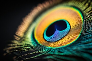 Obraz premium A detailed macro shot highlighting the beautiful and intricate pattern of a peacock feather with vibrant colors, showcasing nature's exquisite design.