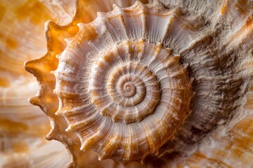 A close-up image capturing the detailed and textured patterns of a spiral seashell with earthy beige and brown tones, emphasizing the natural artistry found in marine environments.