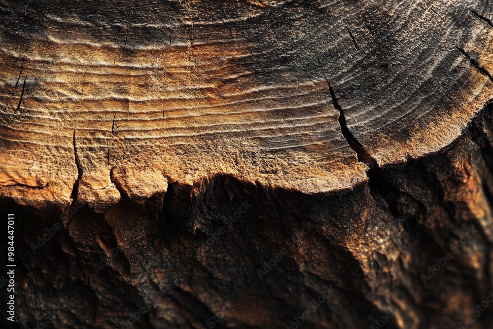 Poster a high-definition close-up showcasing the fine textures and striations of aged tree wood from a side