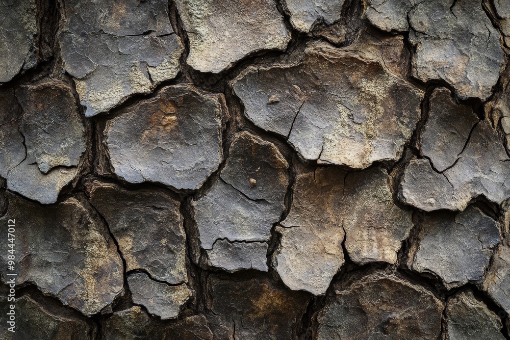Poster A close-up image capturing the intricate and deep textures of aged tree bark, revealing cracks and layers with a mix of dark and light browns, symbolizing resilience.