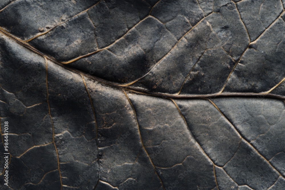 Poster This image features a detailed and captivating close-up view of a dark and textured leaf surface, accentuating the intricate natural patterns and organic beauty.