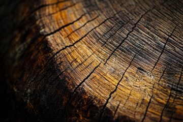 Fototapeta premium A detailed close-up of an aged tree stump showing cracks and visible growth rings, highlighting natural weathering and the passage of time, symbolizing endurance and history.
