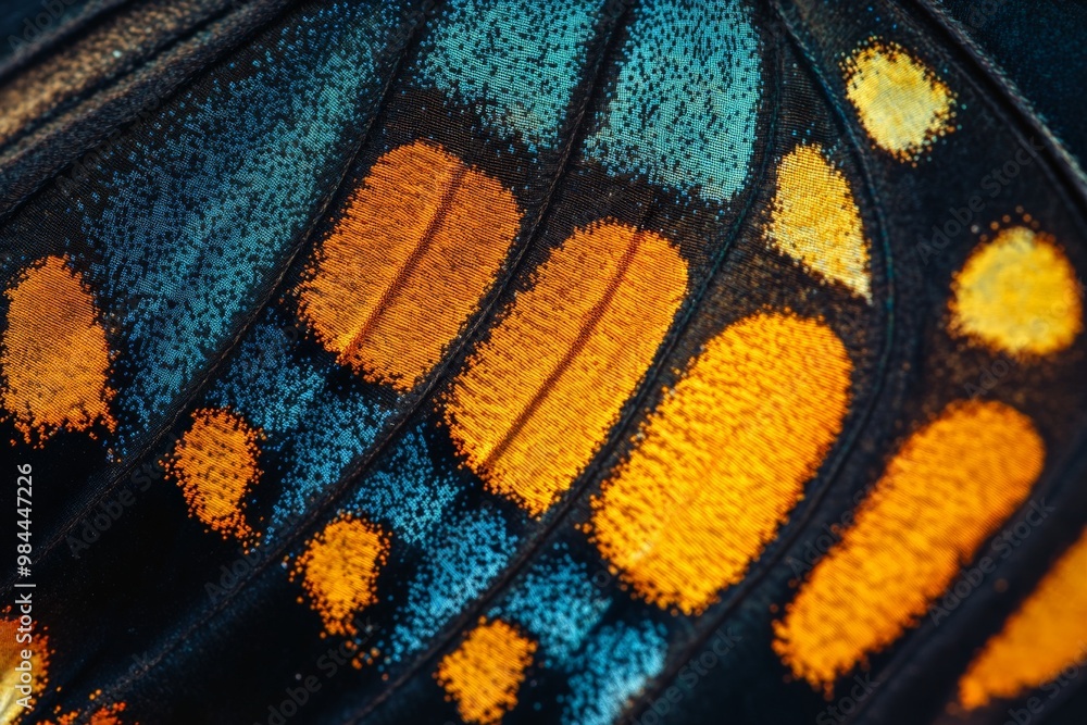 Poster This close-up image captures a butterfly wing's vibrant colors and intricate patterns, showcasing striking blue and orange hues against a black background with exquisite detail.