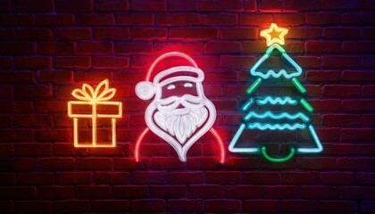  neon chirsmas santa claus, christmas tree and christmas gift symbols 
