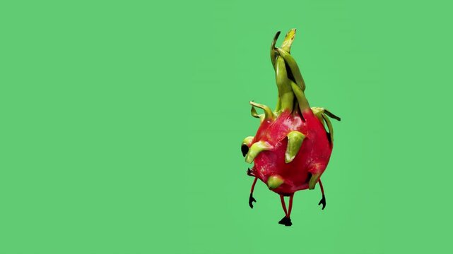 A 3D animated dragon fruit character walking. The scene captures the playful movement of the fruit character, blending creativity and nature in a fun and vibrant digital animation.