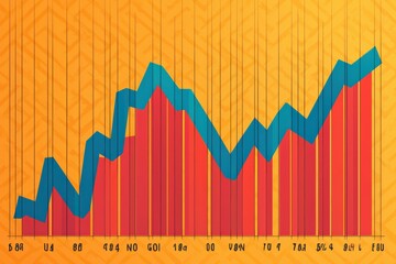 Fototapeta premium A colorful graph featuring red and blue bars and a line chart on an orange background, displaying increasing trends over time, Business and Market volatility concept.