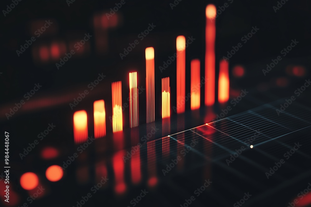 Poster colorful data visualization of rising bar graphs against a dark backdrop showcasing trends in analyt
