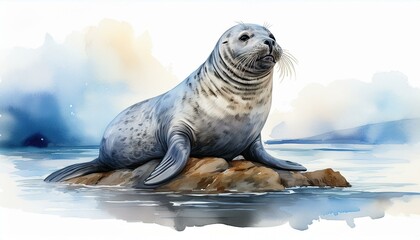 Watercolor illustration of a seal resting on a rock in a serene coastal setting, blending soft blues and neutral tones.