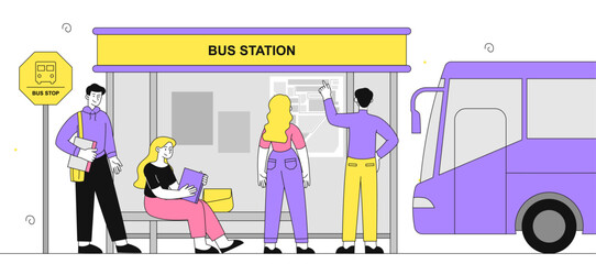 People at bus station. Men and women waiting for bus. Tourists with travel and trip. Urban infrastructure and transportation. Linear vector illustration
