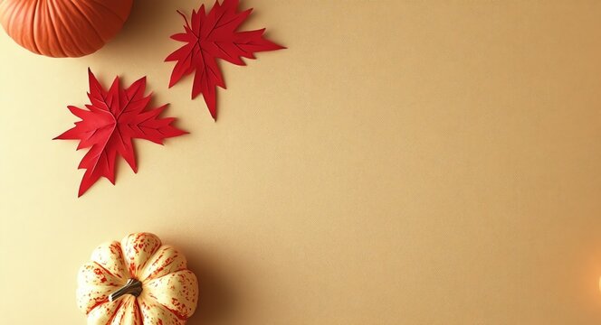 autumn background with leaves and pumpkins, golden texture background, for fall season product and produce display backdrop, thanks giving web banner