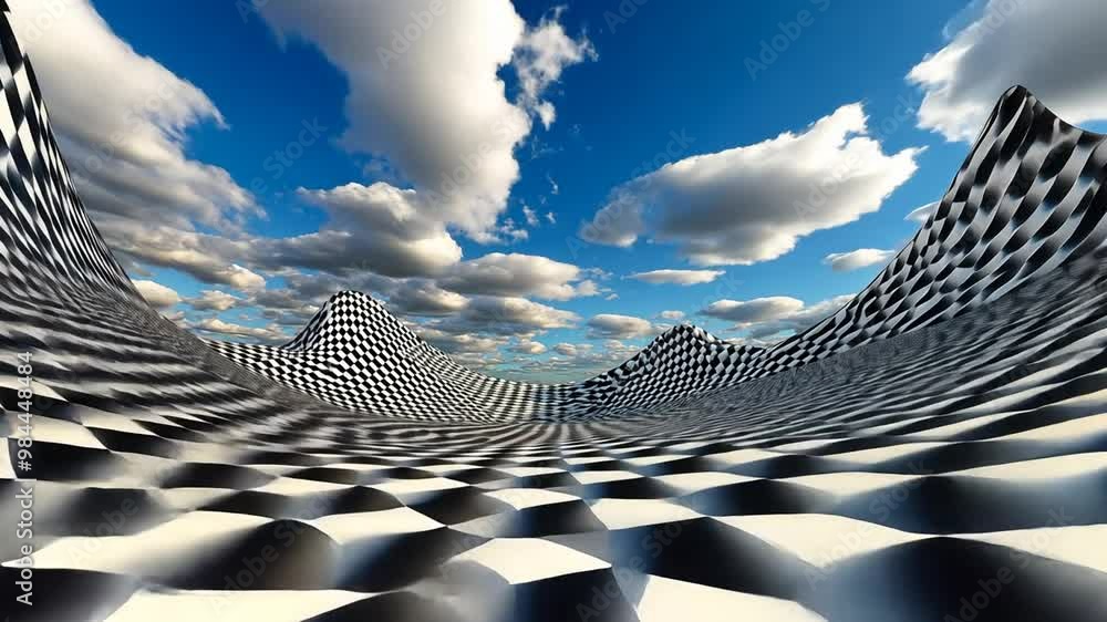 Poster surreal landscape with checkered patterns and blue sky in daylight generative ai