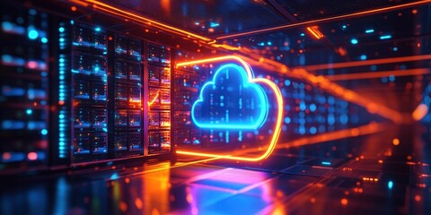 Obraz premium Neon Cloud Concept in Modern Server Room