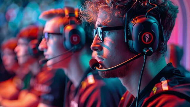 Two focused gamers wearing headsets concentrate on their screens in a vibrant eSports arena, surrounded by dynamic lighting as they engage in a high-stakes match.