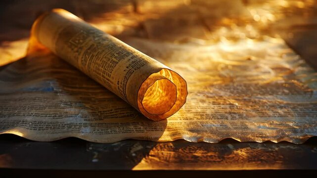 Mystical glowing scroll reveals ancient secrets in a dimly lit environment