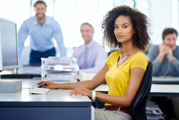 Portrait, African woman and serious at office with computer on research for employment contracts as...